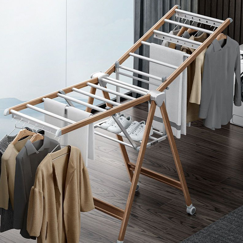 Sanipro Home Wood Grain Aluminum Alloy Wing Butterfly Type Portable Baby Clothes Drying Rack Foldable Laundry Hanger with Wheels