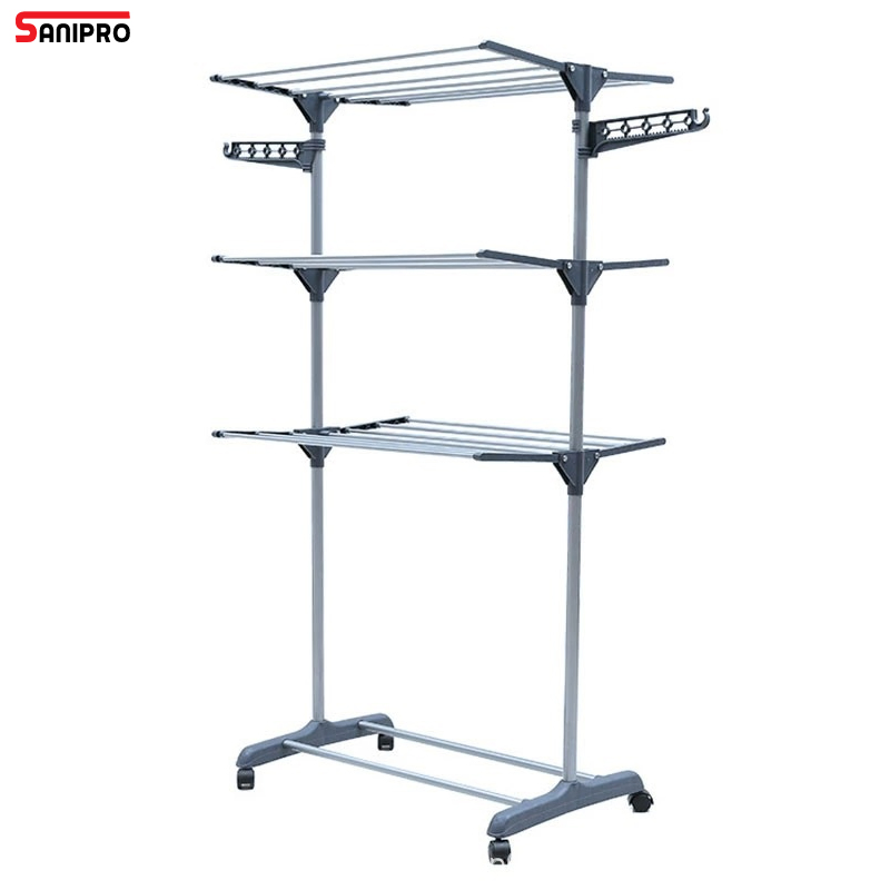 Sanipro Bedroom Movable Floor Standing Coat Children's Clothing Drying Rack, Foldable 4 Tier Clothes Rack Laundry Hanger