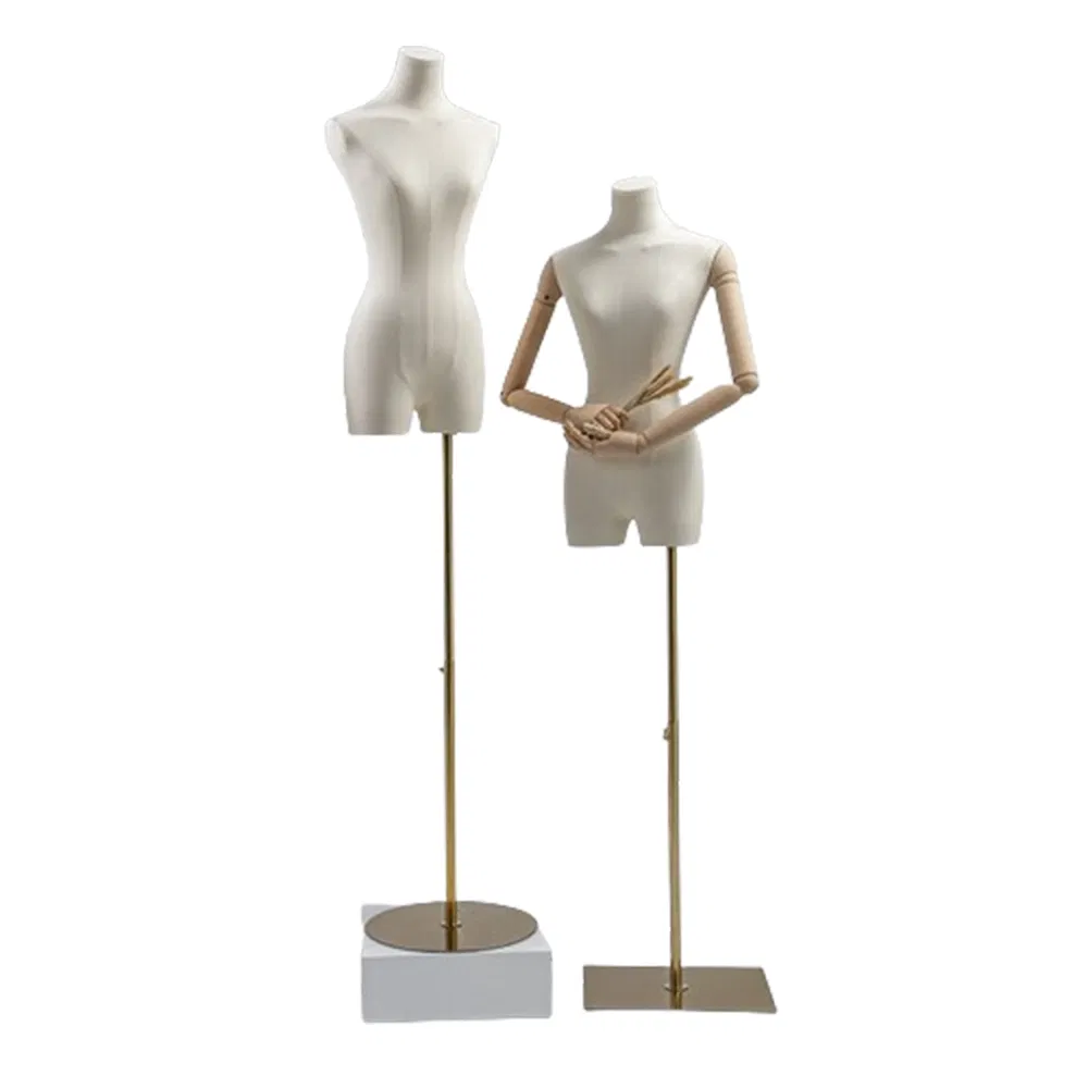 Exquisite Headless Half Body Mannequin Stand in Matte White/Black with Wooden Arms and Height Adjustable Base Made of ABS/Fiberglass for Female Clothing Display