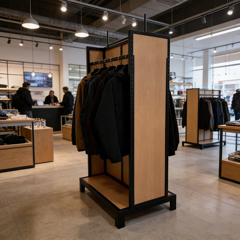 Retail Clothing Display Metal Wooden Floor Clothes Display Rack for Boutique Store