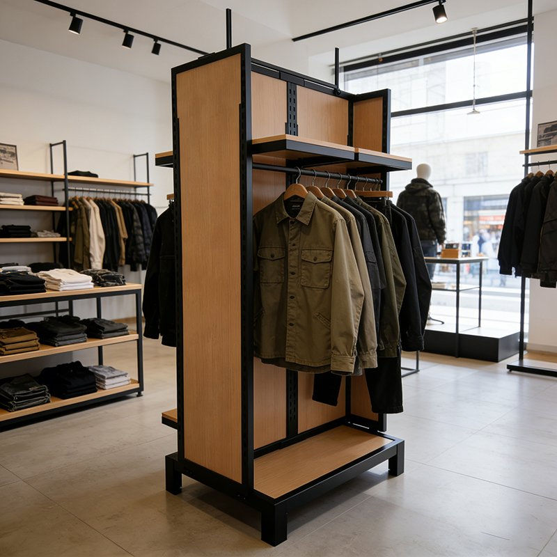 Retail Clothing Display Metal Wooden Floor Clothes Display Rack for Boutique Store