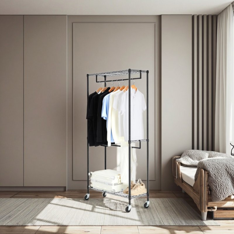 Black Coating Heavy Duty Rolling Garment Rack Double Hanger Rods and Shelves for Clothes S