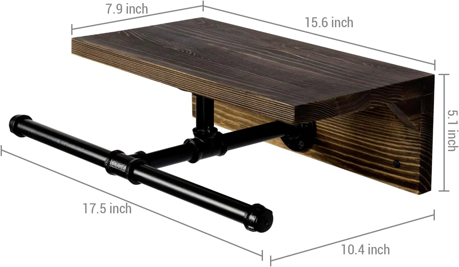 Wall Mounted Garment Rack with Top Rustic Burnt Solid Wood Shelf Industrial Matte Black Metal Pipe Storage Clothing Hanger Rod and Display Shelf