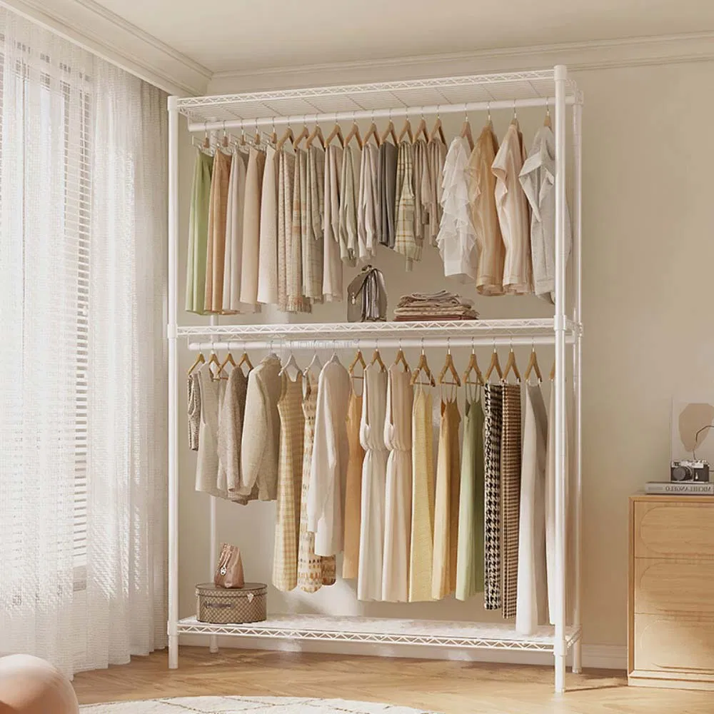 Wholesale Floor-Standing Home Furniture Multifunctional White Epoxy Metal Garment Clothes Hanger Rack