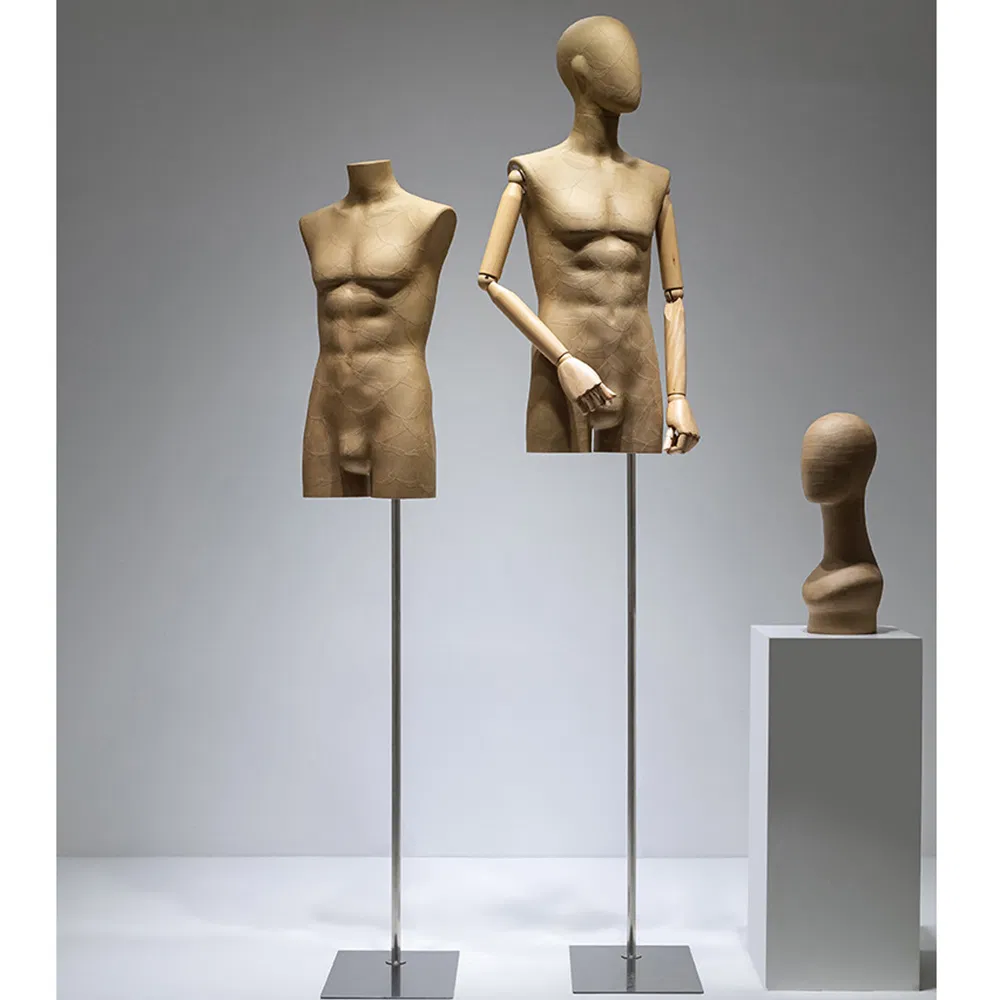 New Design Headless Half Body Kraft Paper Mannequin in Matt/Glossy Brown with Adjustable Height Stand Base Made of PP/PE/ABS/Fiberglass for Male Clothes Display