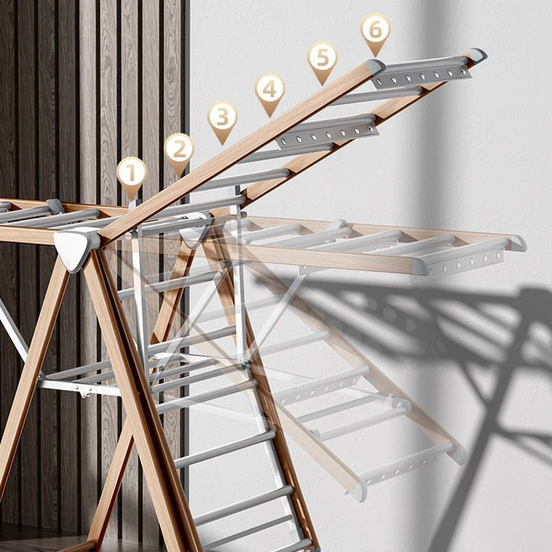 Sanipro Home Wood Grain Aluminum Alloy Wing Butterfly Type Portable Baby Clothes Drying Rack Foldable Laundry Hanger with Wheels