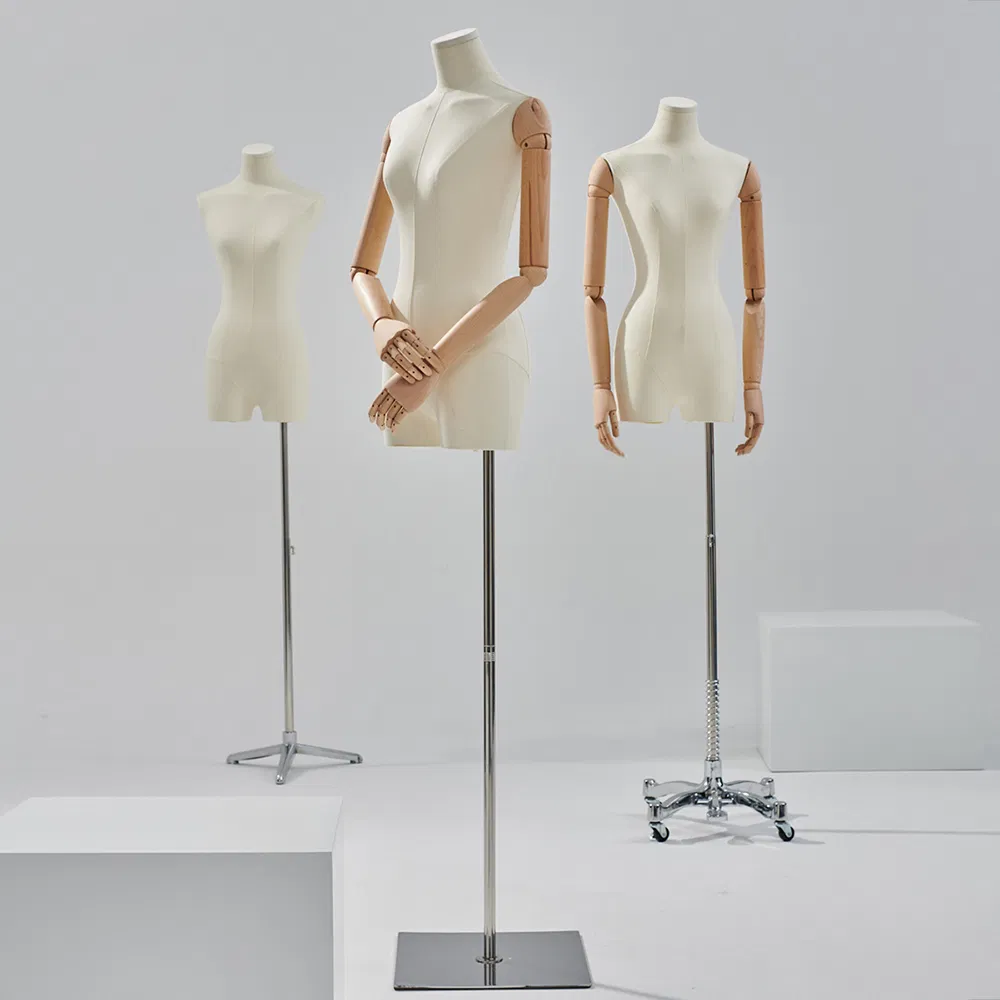 Exquisite Headless Half Body Mannequin Stand in Matte White/Black with Wooden Arms and Height Adjustable Base Made of ABS/Fiberglass for Female Clothing Display
