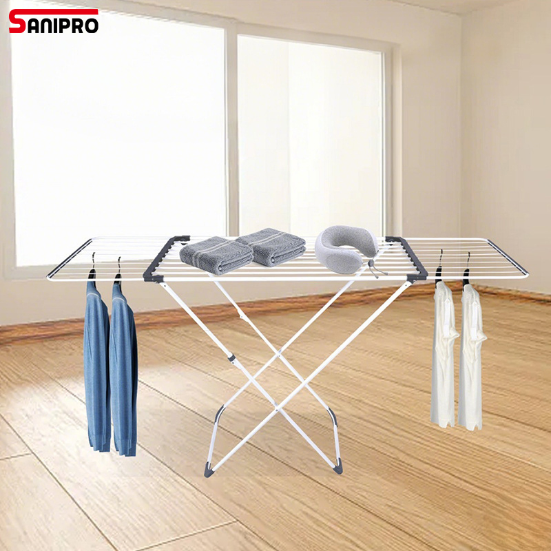 Sanipro Foldable Floor-Standing Iron Clothing Hanger Adjustable Retractable Clothes Drying Rack for Balcony Bedroom