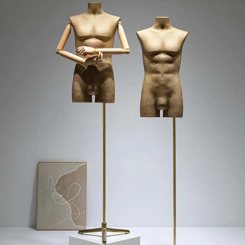 New Design Headless Half Body Kraft Paper Mannequin in Matt/Glossy Brown with Adjustable Height Stand Base Made of PP/PE/ABS/Fiberglass for Male Clothes Display