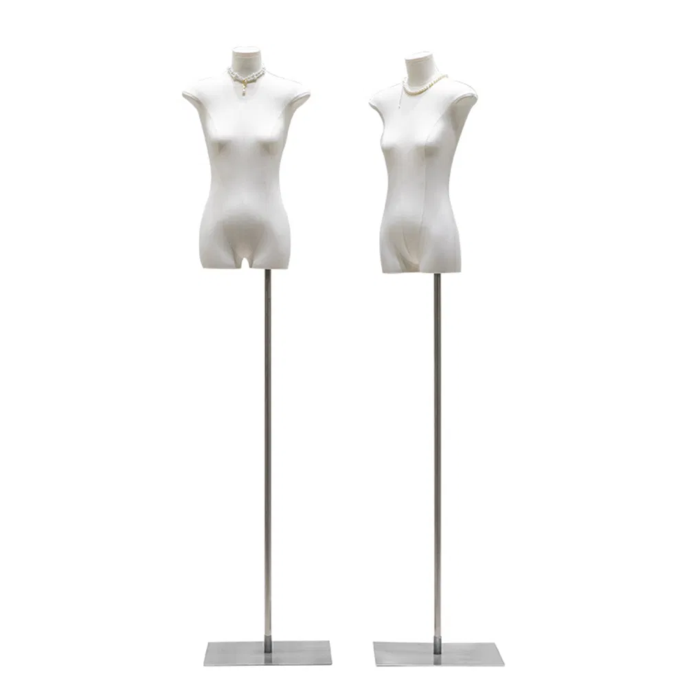 Customized Fabric Covered Flat Half Body Mannequin in Matt White/Black with Adjustable Height Metal Base Made of PP/PE/ABS/Fiberglass for Female Clothes Display