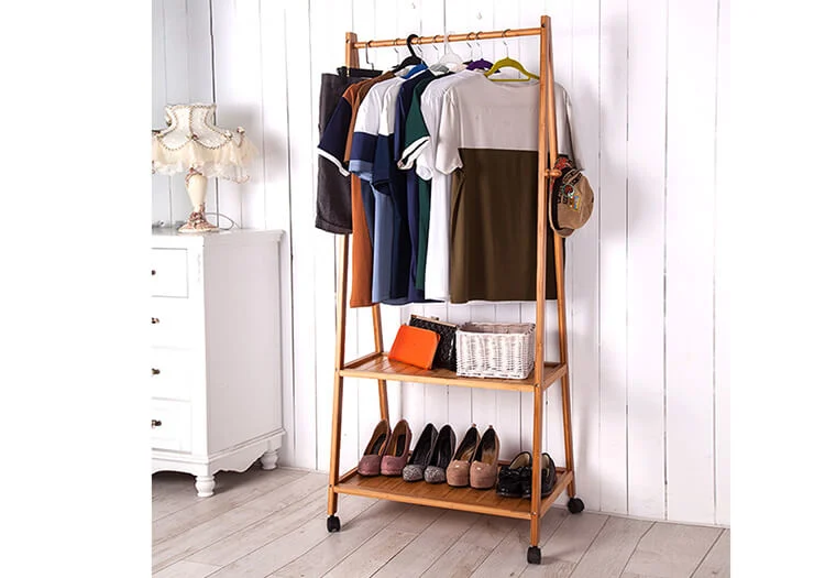 Multi-Function Bamboo Garment Laundry Storage Hanger Cloth Rack with Rolling Wheel for Entryway and Bed Room