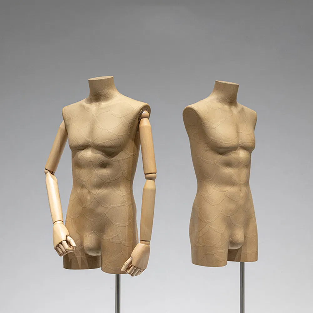 New Design Headless Half Body Kraft Paper Mannequin in Matt/Glossy Brown with Adjustable Height Stand Base Made of PP/PE/ABS/Fiberglass for Male Clothes Display