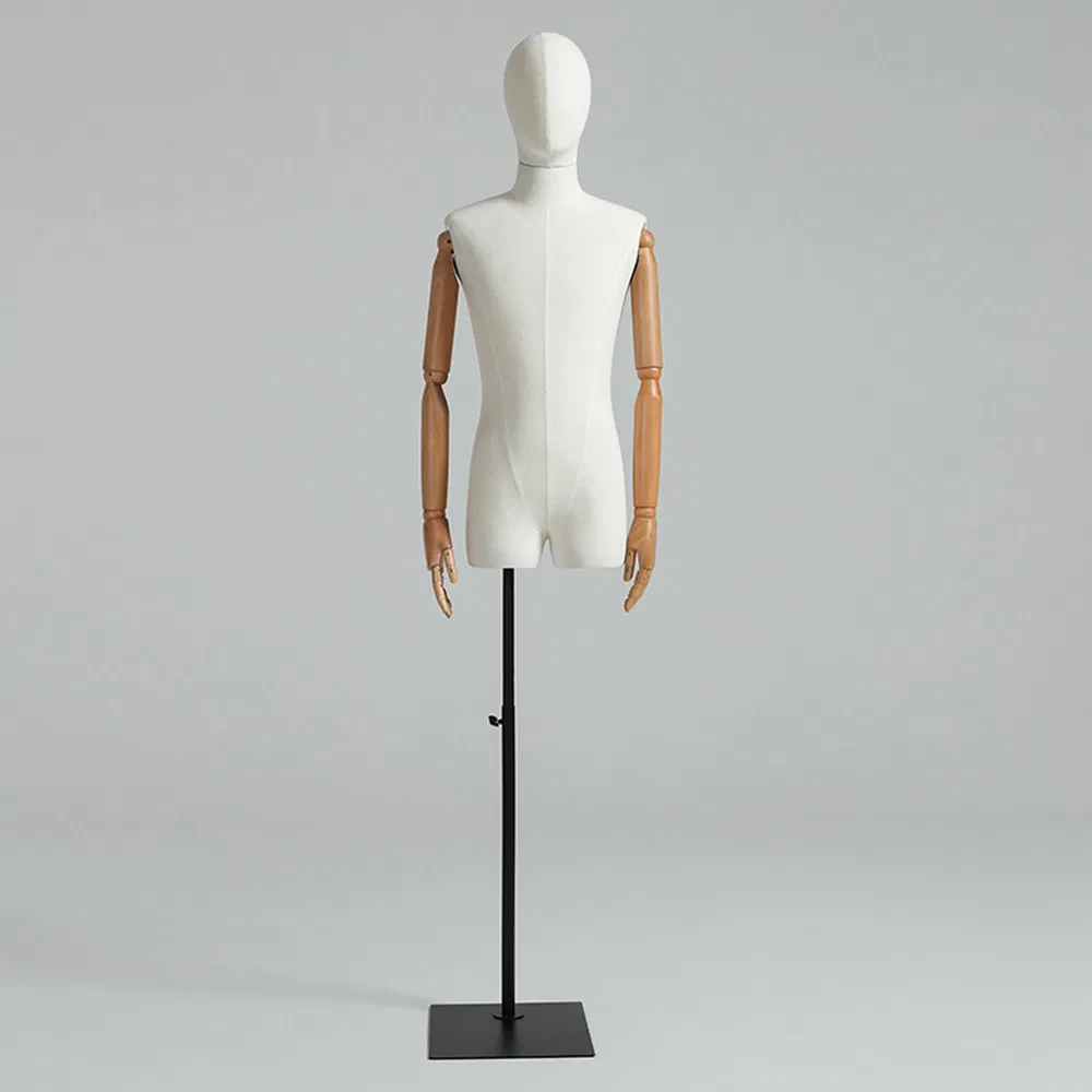 Fashionable Upper Body Mannequin in Matt/Glossy White/Black with Height Adjustable Stand and Wooden Arms Made of PP/PE/ABS/Fiberglass for Male Clothing Display