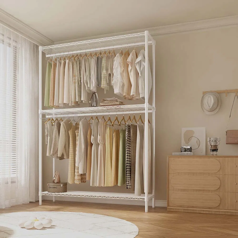 Wholesale Floor-Standing Home Furniture Multifunctional White Epoxy Metal Garment Clothes Hanger Rack