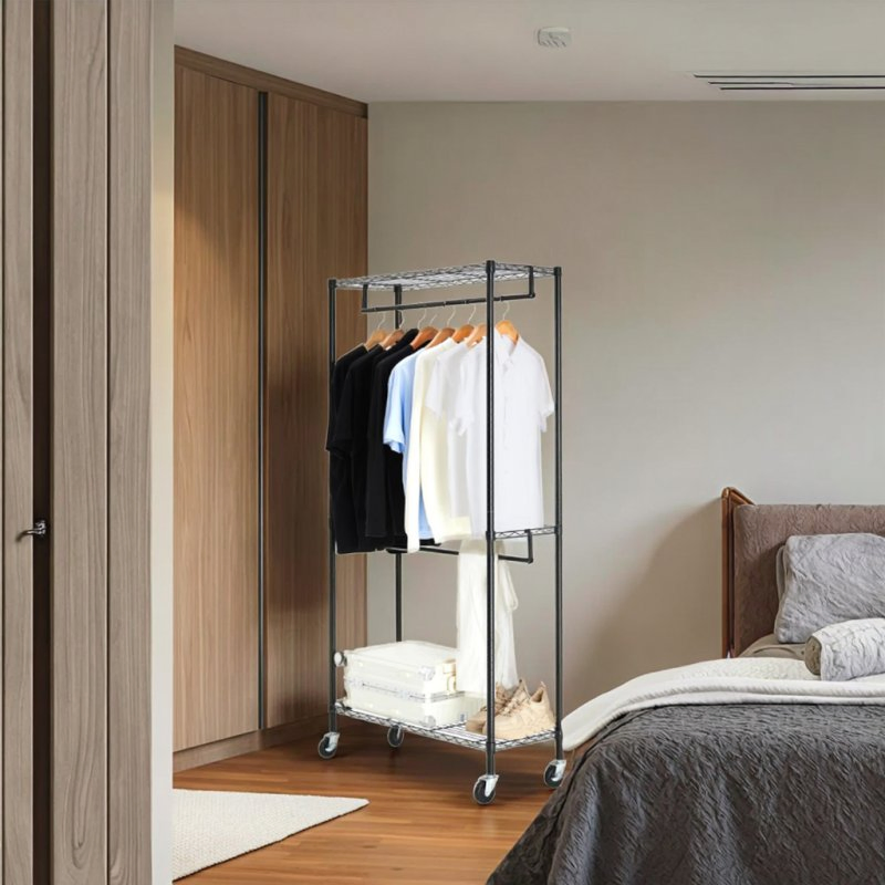 Black Coating Heavy Duty Rolling Garment Rack Double Hanger Rods and Shelves for Clothes S