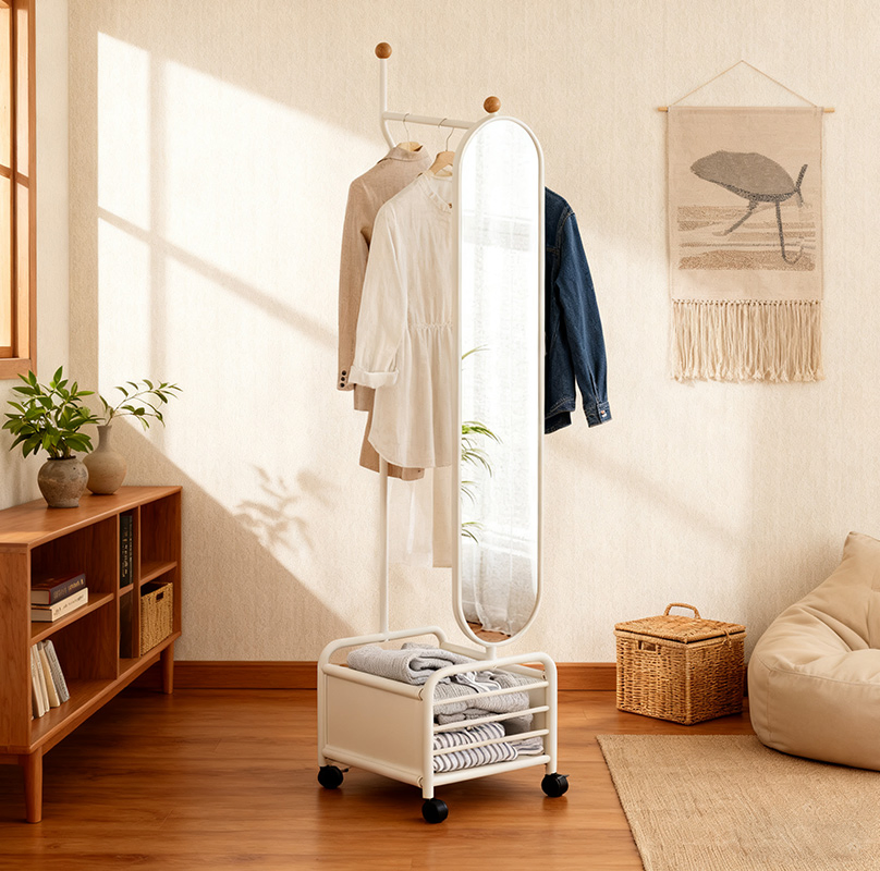 Elegant Rotating Dressing Mirror and Garment Rack Set Modern Floor Mirror and Coat Rack Versatile Floor Standing Mirror with Coat Hanger Design
