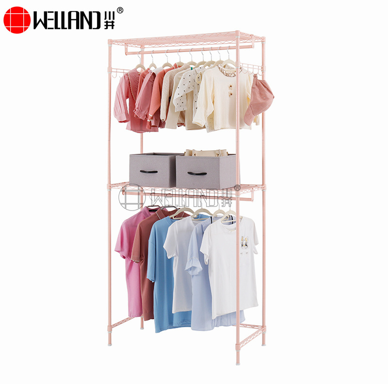 Vertical Epoxy Coated Color 2 Shelves Metal Storage DIY Garment Rack with 2 Clothes Hanger