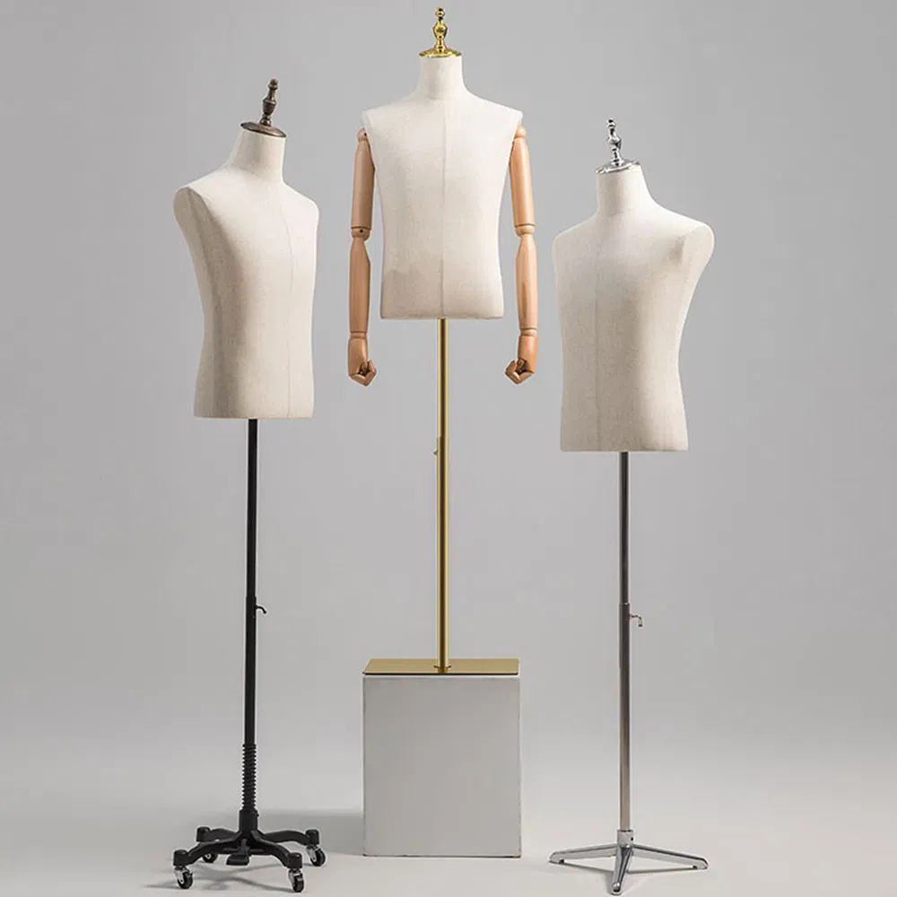 Popular Headless Half Body Mannequin in Matte White/Black with Wooden Arms and Adjustable Height Bracket Base Made of PP/PE/ABS/Fiberglass for Male Suit Display