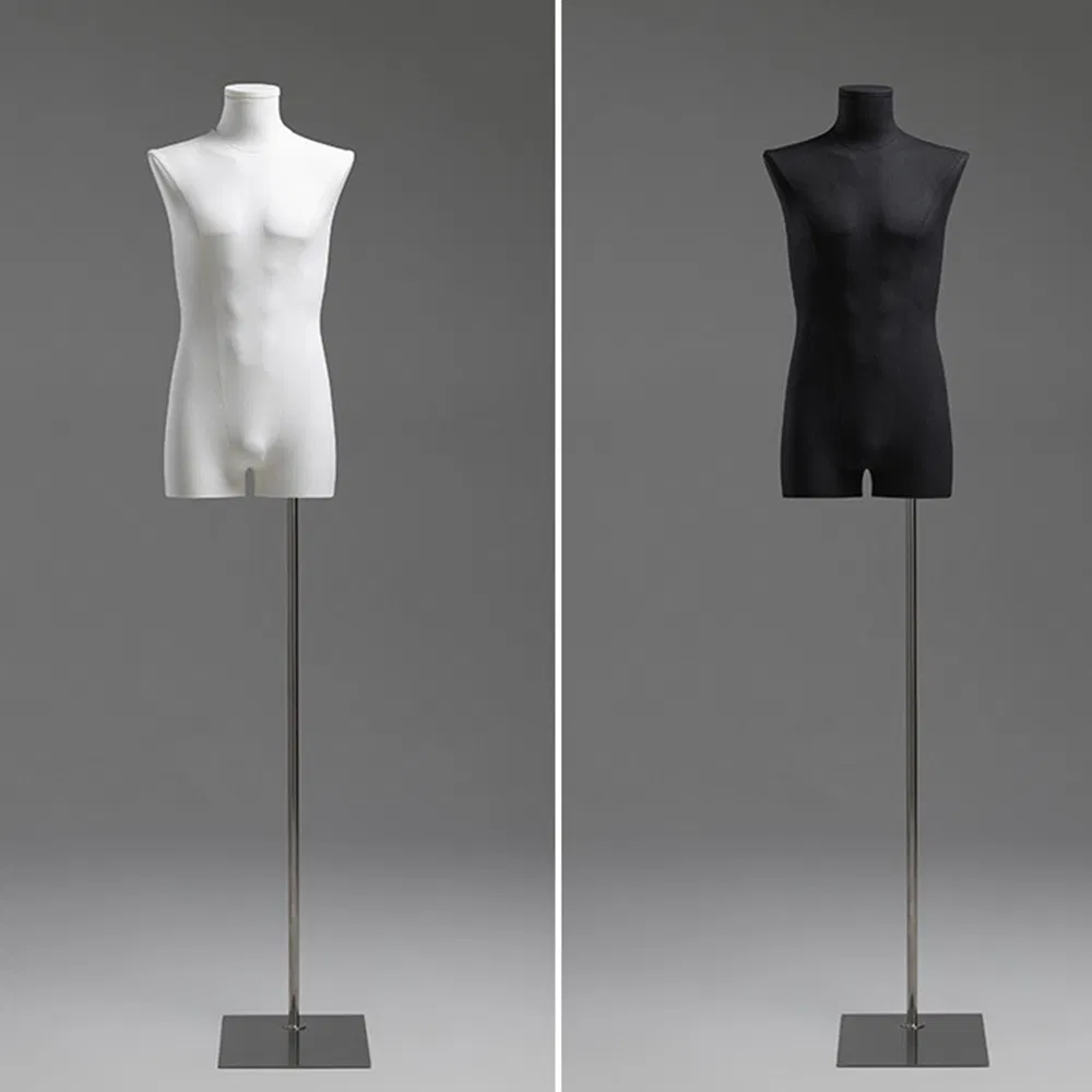 Space Saving Wrap Cloth Upper Body Mannequin in Matte/Glossy White/Black with Adjustable Height Metal Base Made of PP/PE/ABS/Fiberglass for Male Clothes Display