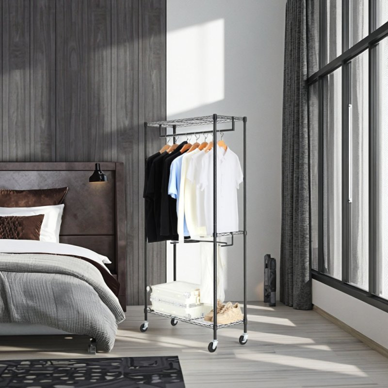 Black Coating Heavy Duty Rolling Garment Rack Double Hanger Rods and Shelves for Clothes S