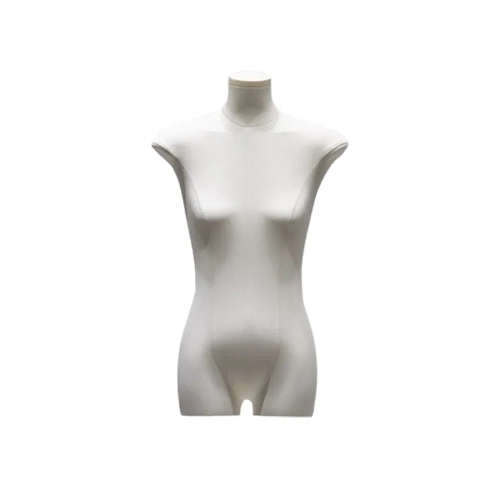 Customized Fabric Covered Flat Half Body Mannequin in Matt White/Black with Adjustable Height Metal Base Made of PP/PE/ABS/Fiberglass for Female Clothes Display