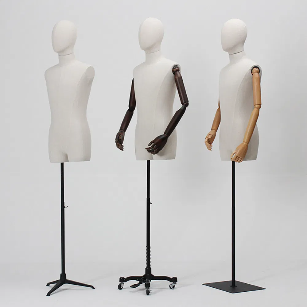 Fashionable Upper Body Mannequin in Matt/Glossy White/Black with Height Adjustable Stand and Wooden Arms Made of PP/PE/ABS/Fiberglass for Male Clothing Display