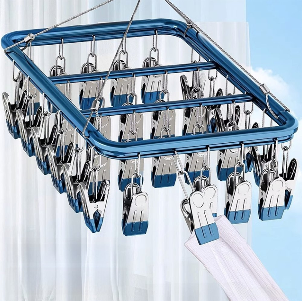 Fashion Boutique Sock Drying Rack in Blue/Rose Gold/Silver/Green with 360 Degrees Swivel and Adjustable Clips for Men/Female/Kids/Adult Shirt/Underwear/Hat