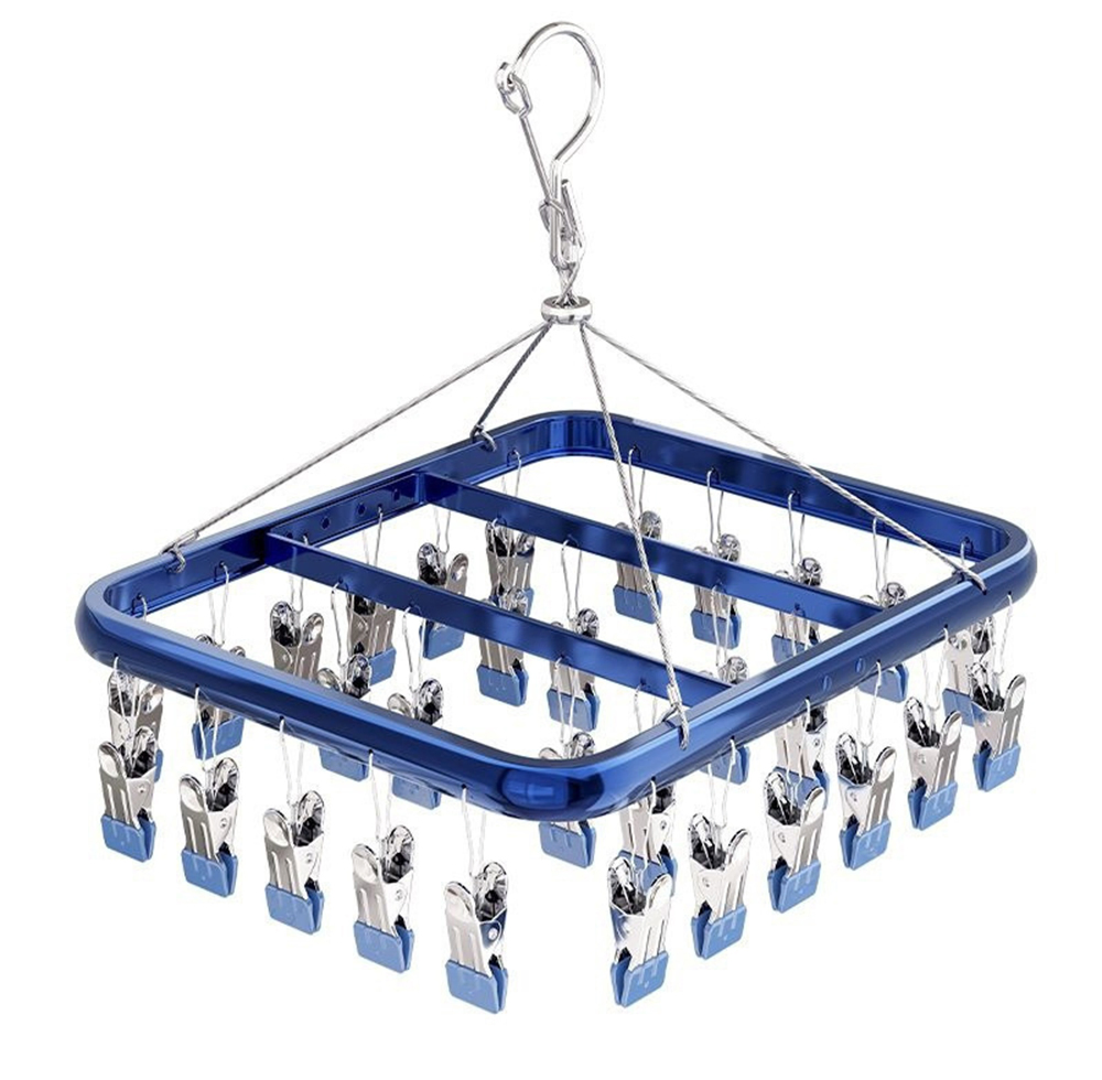 Fashion Boutique Sock Drying Rack in Blue/Rose Gold/Silver/Green with 360 Degrees Swivel and Adjustable Clips for Men/Female/Kids/Adult Shirt/Underwear/Hat