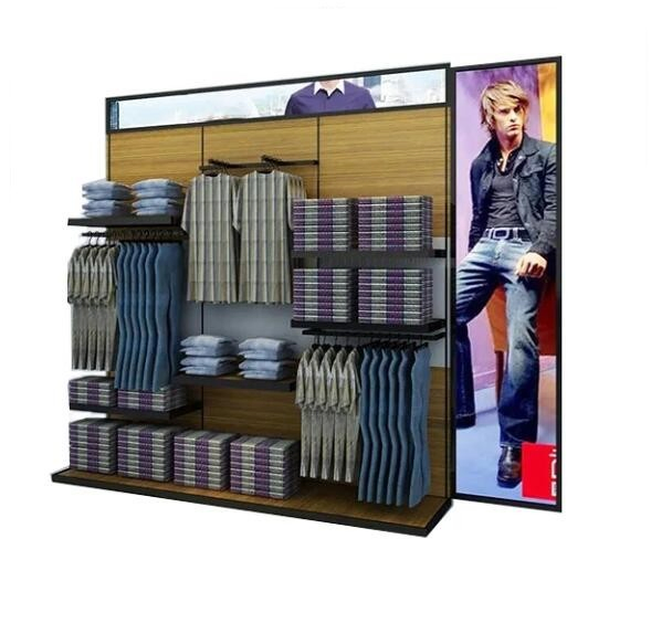 Customized Retail Store Shop Fittings Metal Wood Shelf Hanging Shirt Garment Clothing Display Rack with Hanger