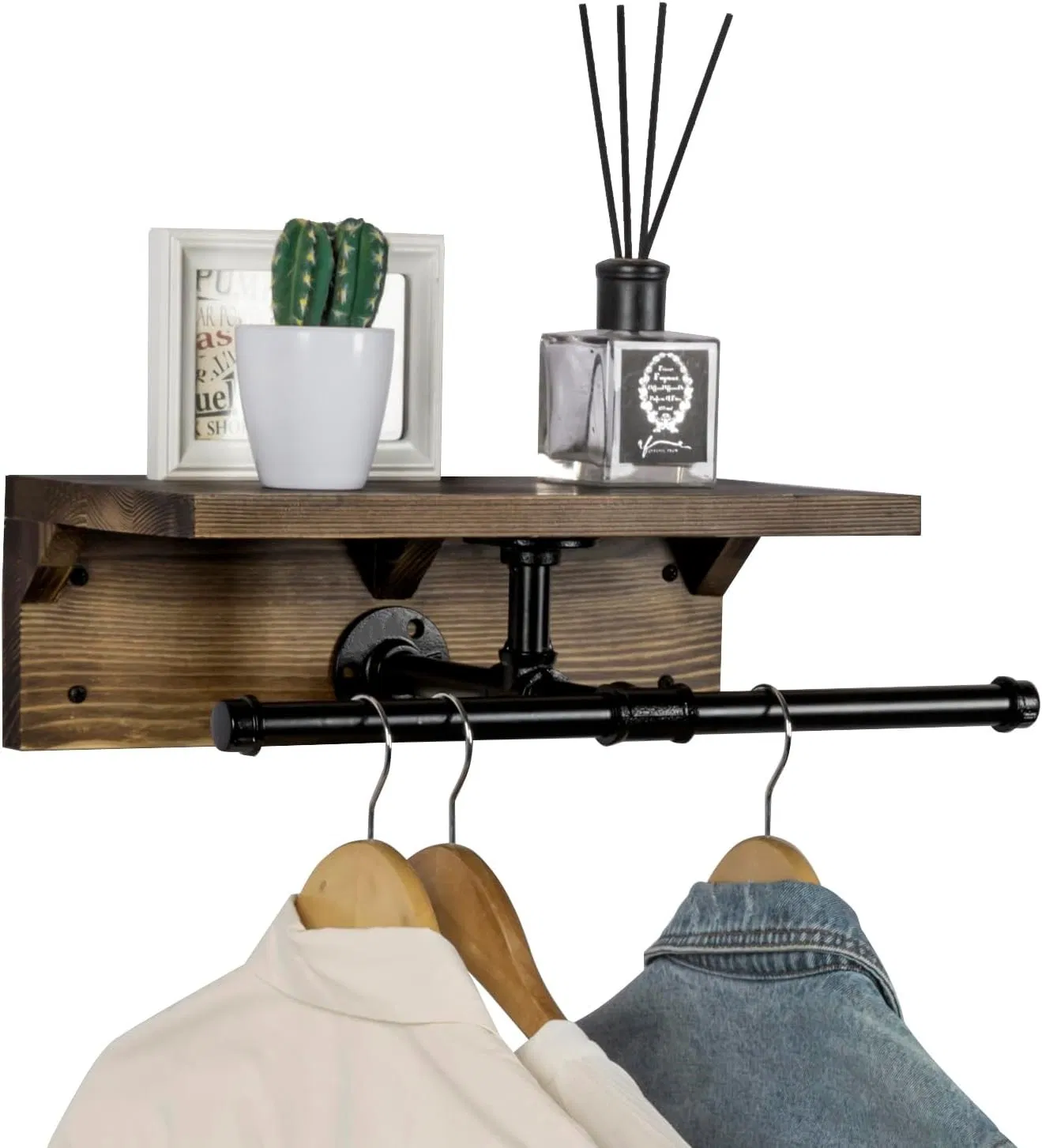 Wall Mounted Garment Rack with Top Rustic Burnt Solid Wood Shelf Industrial Matte Black Metal Pipe Storage Clothing Hanger Rod and Display Shelf