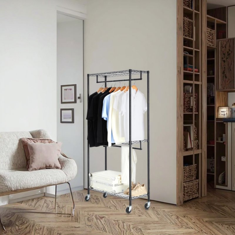 Black Coating Heavy Duty Rolling Garment Rack Double Hanger Rods and Shelves for Clothes S