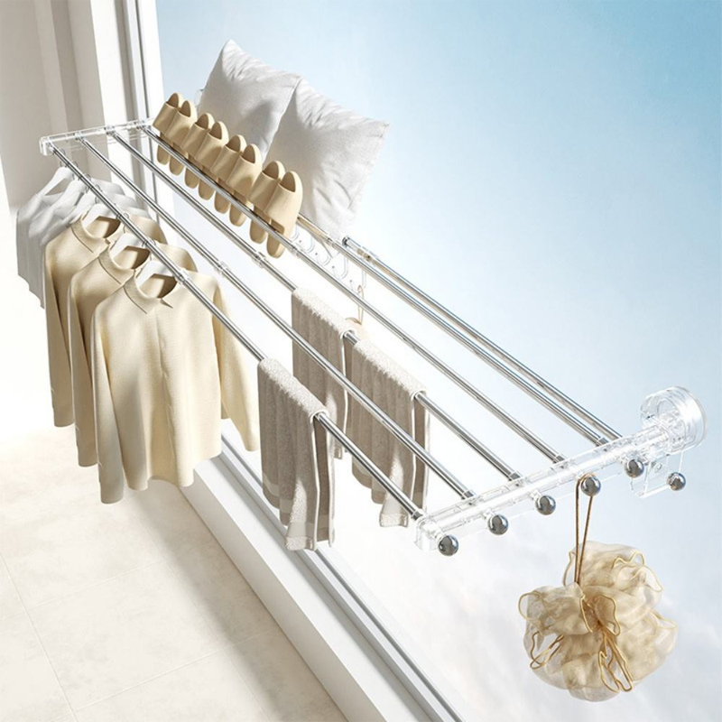 Sanipro Wall Mounted Bathroom Towel Rack Foldable Clothing Hanger No Punch Telescopic Clothes Drying Rod with Suction Cup