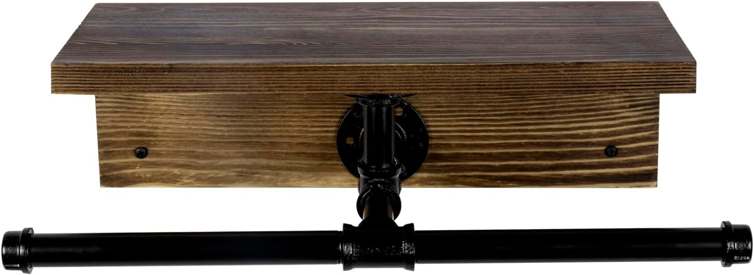 Wall Mounted Garment Rack with Top Rustic Burnt Solid Wood Shelf Industrial Matte Black Metal Pipe Storage Clothing Hanger Rod and Display Shelf