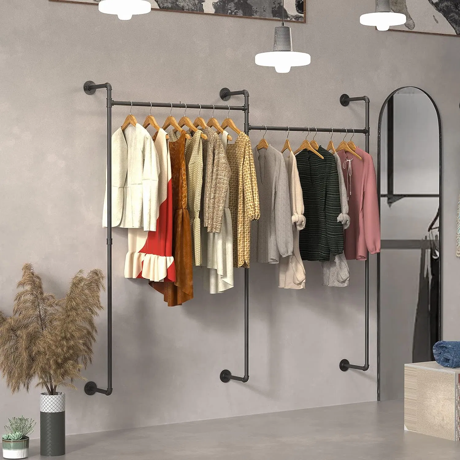 Wall Mounted Heavy Duty Closet Storage Metal Rod Iron Garment Hanging Bar Commercial Racks for Clothing Hanger Bedroom