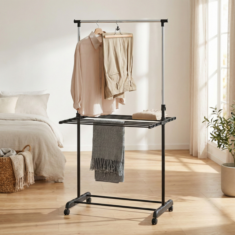 Sanipro Modern Single Pole Metal Clothing Hanger Freestanding Three-Tier Extendable Foldable Clothes Drying Rack