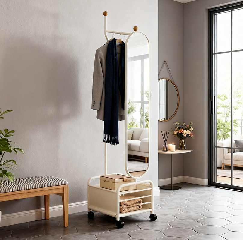 Elegant Rotating Dressing Mirror and Garment Rack Set Modern Floor Mirror and Coat Rack Versatile Floor Standing Mirror with Coat Hanger Design