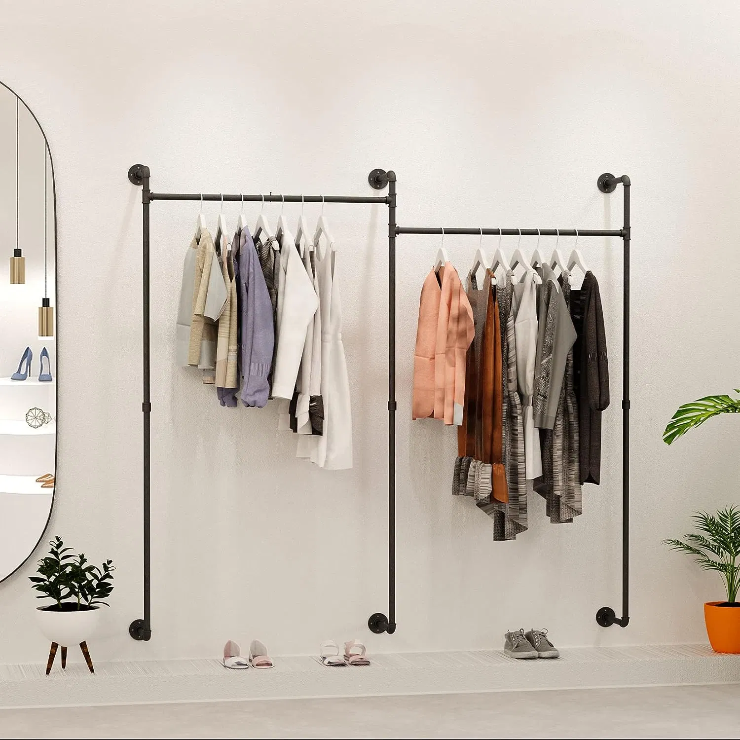 Wall Mounted Heavy Duty Closet Storage Metal Rod Iron Garment Hanging Bar Commercial Racks for Clothing Hanger Bedroom