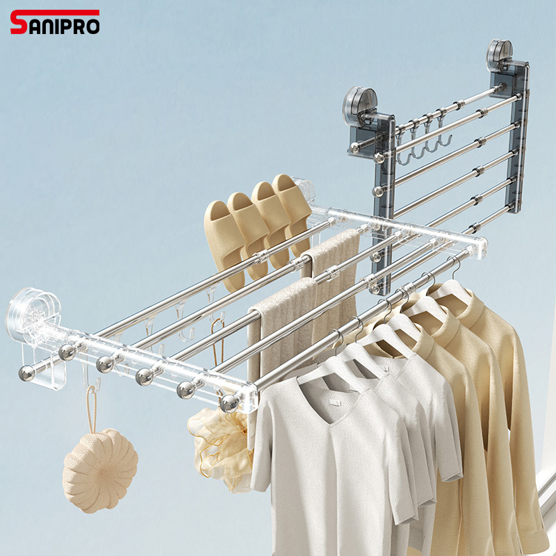 Sanipro Wall Mounted Bathroom Towel Rack Foldable Clothing Hanger No Punch Telescopic Clothes Drying Rod with Suction Cup