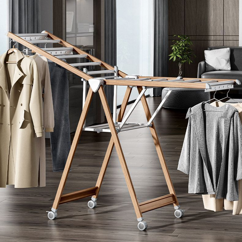 Sanipro Home Wood Grain Aluminum Alloy Wing Butterfly Type Portable Baby Clothes Drying Rack Foldable Laundry Hanger with Wheels