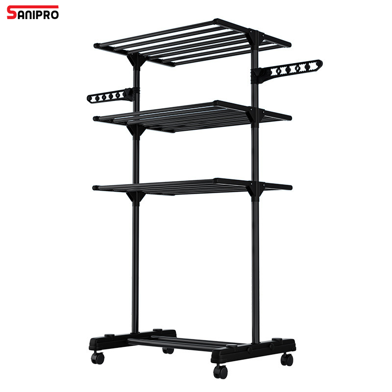 Sanipro Airfoil Multi Layer Movable Baby Clothes Drying Hanger Foldable Towel Rack Garments Hanging Rack with Wheels