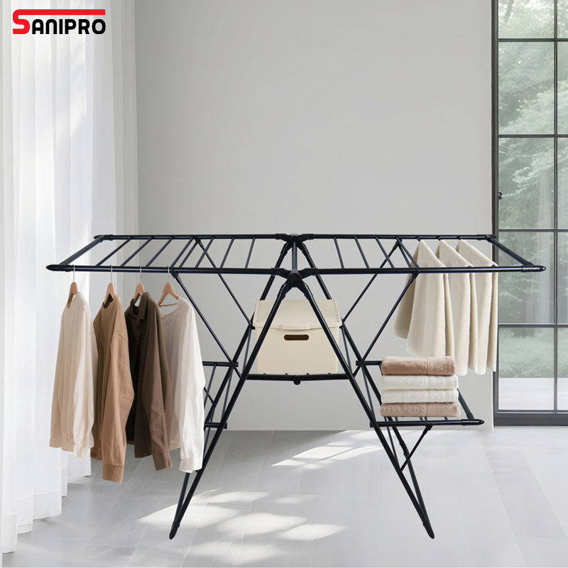 Sanipro Home Heavy Duty Metal Clothes Hangers Clothing Airer Dryer Folding Laundry Drying Rack with Height-Adjustable Wings