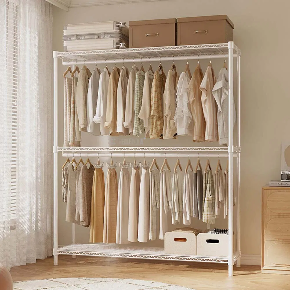 Wholesale Floor-Standing Home Furniture Multifunctional White Epoxy Metal Garment Clothes Hanger Rack