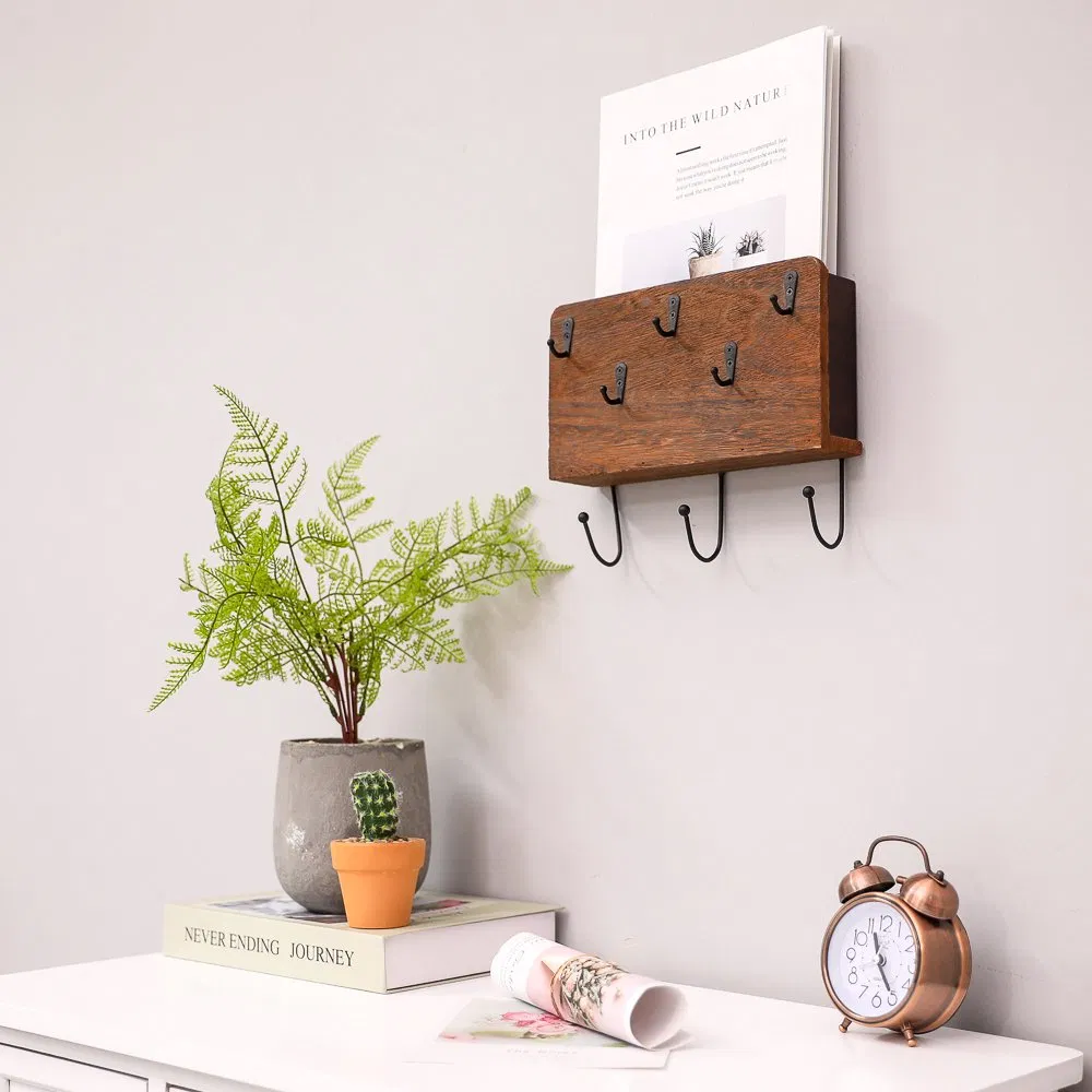 Customized Durable Rustic Wooden Coat Rack with Hooks Wall Mounted Hanger Entryway Floating Shelf Solid Wood Mail and Key Holder Rack