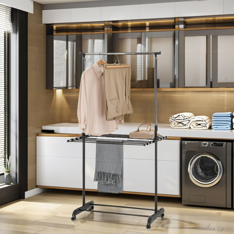 Sanipro Modern Single Pole Metal Clothing Hanger Freestanding Three-Tier Extendable Foldable Clothes Drying Rack