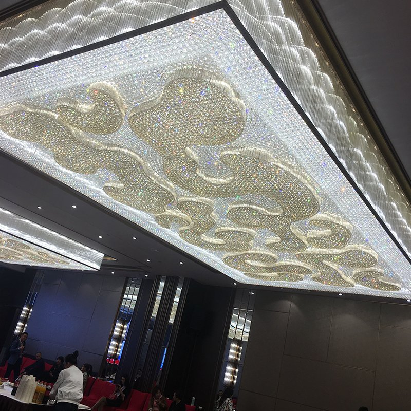 Luxury Large Flush Mount Banquet Lobby Grand Ballroom Ceiling Lighting Modern Hotel Large Rectangular Crystal Chandelier