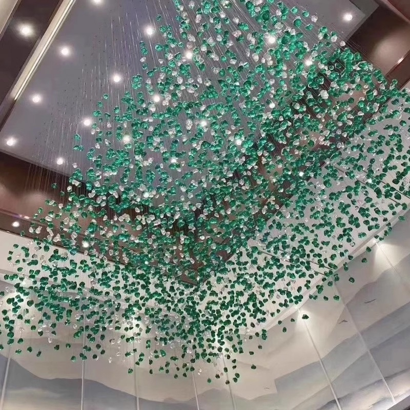 Hotel Lobby Lighting Project Ballroom Ceiling Decorated with Colored Stone Glass Chandeliers