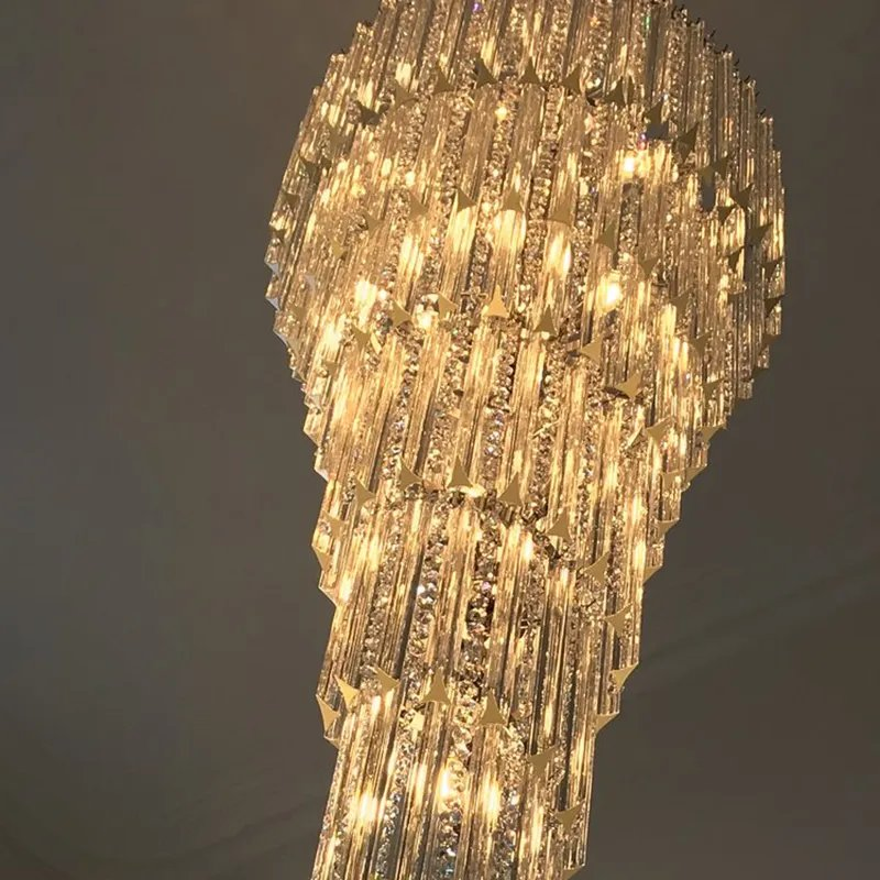 Luxury Spiral Gold Sliver Crystal Chandelier Decorative Lighting for House Long Staircase High Ceiling Villa Duplex Loft Pendant Lamp
