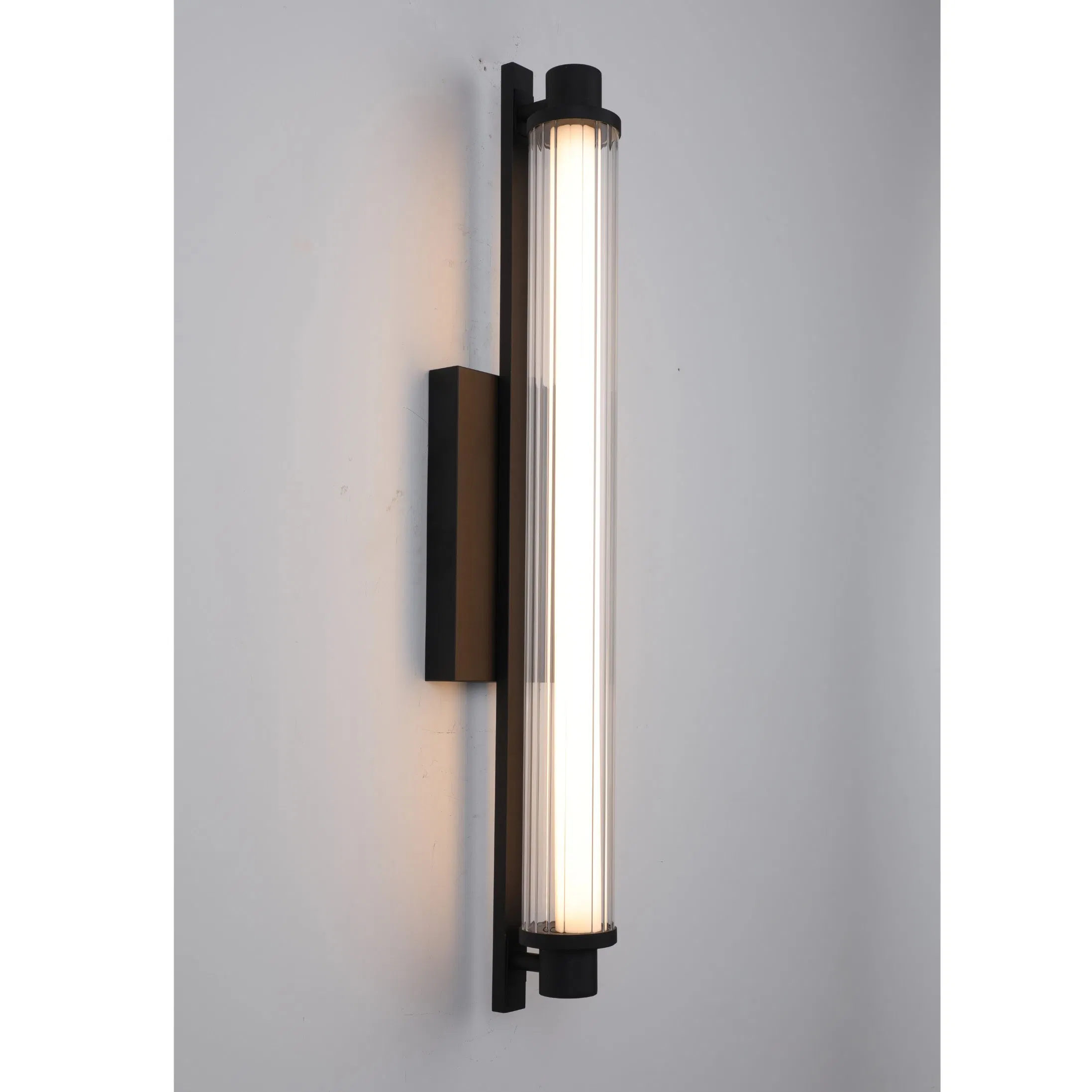 Modern LED Wall Sconce (black/copper finish, ribbed glass shade)