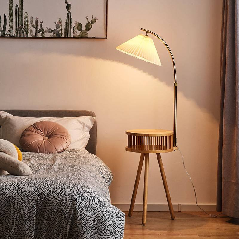 LED Designer Floor Lamp Solid Wood Retro Style for Living Room Bedroom E27 Bedside Table Storage Lamp Modern Style