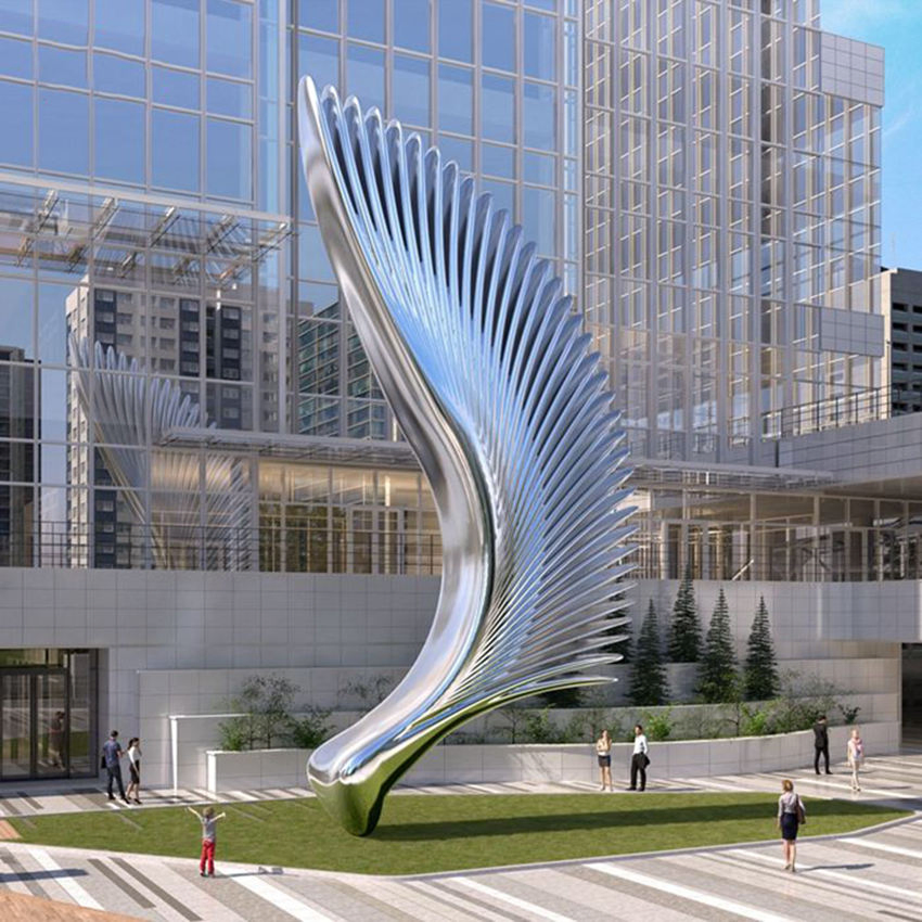Large Stainless Steel Half Wing Wall Sculpture - Modern Metal Art Decor for Indoor &amp; Outdoor Use - Square Mall Installation